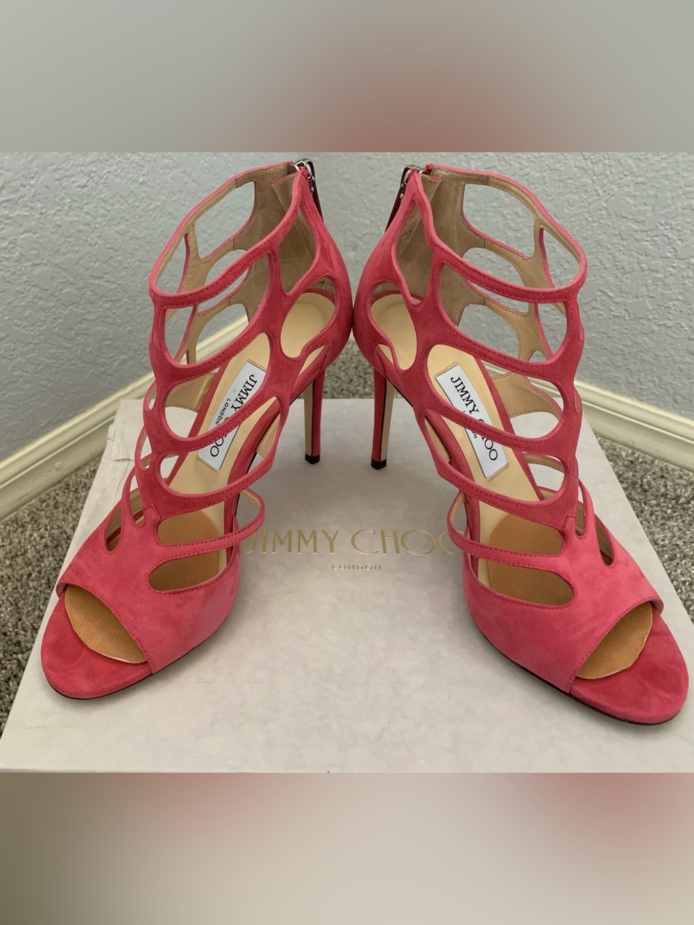 Jimmy Choo Coral Pink Suede Cage Stilettos